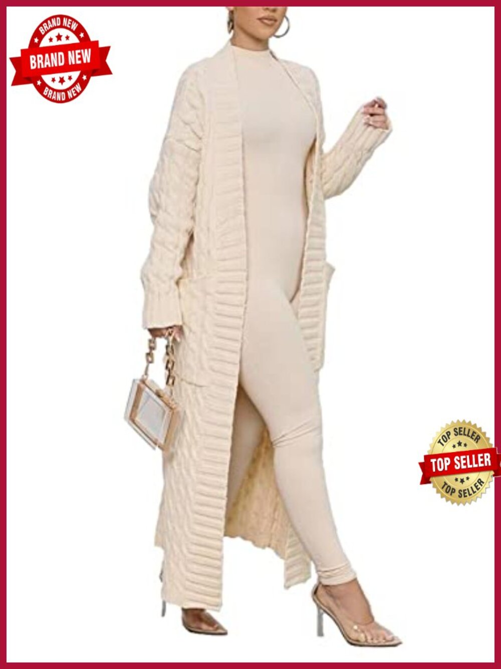 Long Open Front Cable Knit Cardigan Sweater with Pockets